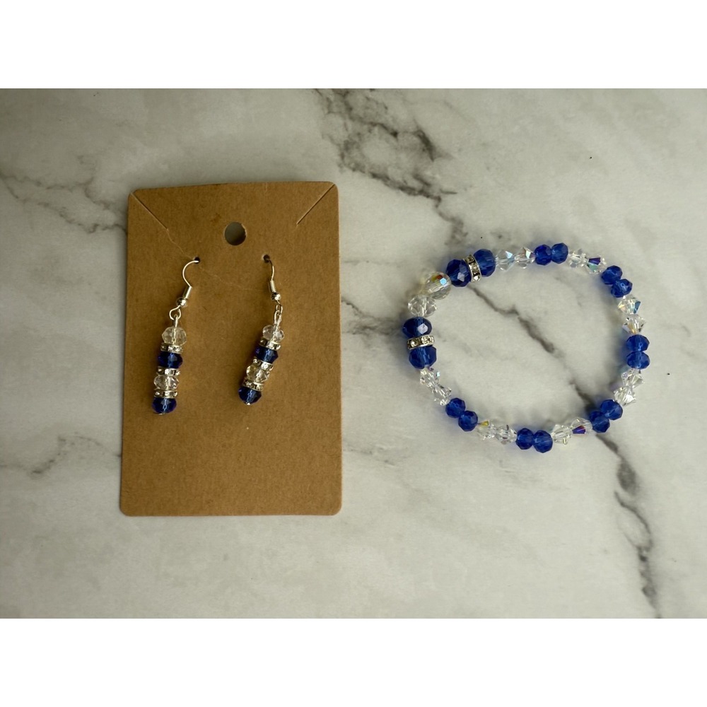 handmade beaded dangle earrings and bracelet set blue, clear and silver beads